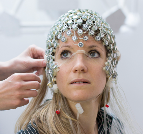 A non-invasive electroencephalography (EEG) cap is for measuring brain activity on a study participant. (Image: Wyss Center)